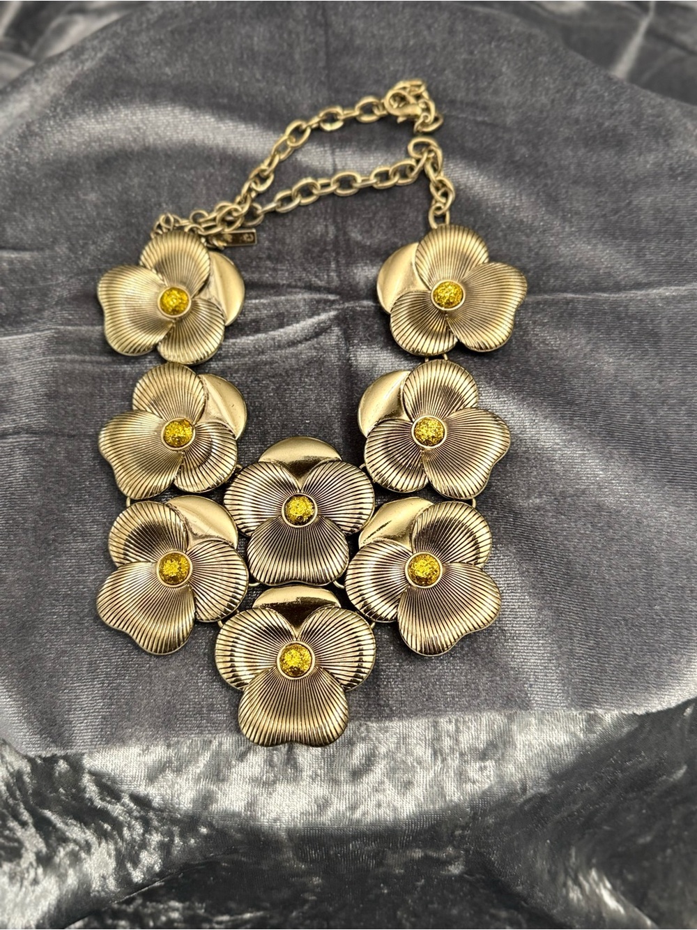 Floral Statement Necklace with Gold-Tone Flowers and Yellow Stones